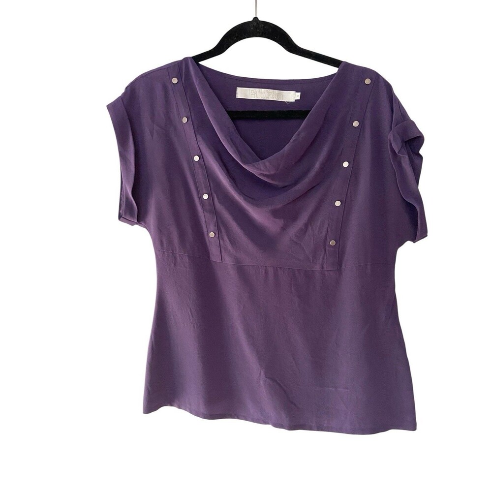 Vtg Y2K Silk Cowl Neck Top Size S‎ Purple Grommet Stud Glam Witchy Office Siren